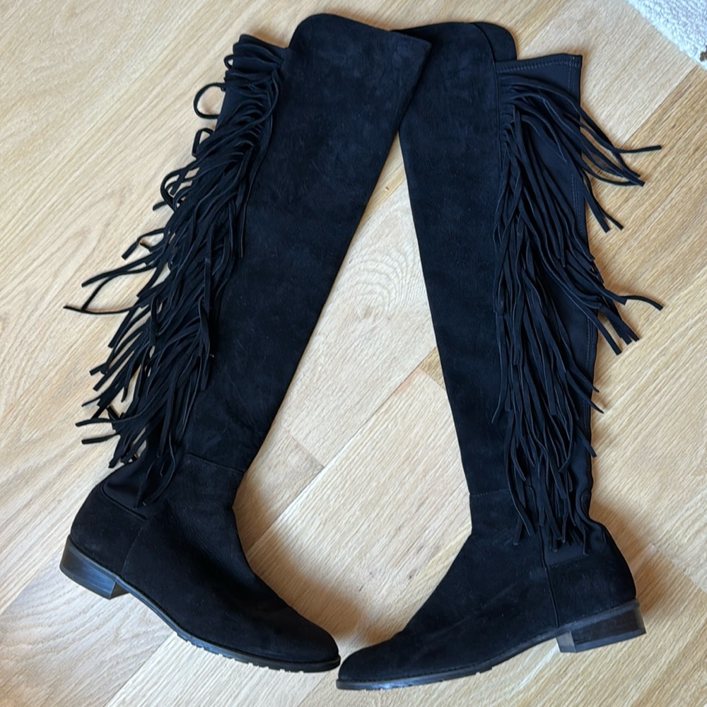 Stuart Weitzman 50/50 black fringe boots, size 7.5